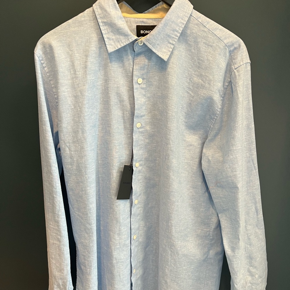 BONOBOS - Linen Roll Up Long Sleeve - Light Blue
